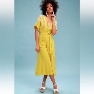 Free People Love to Love You Mustard Yellow Embroidered Button-Up Midi Dress M